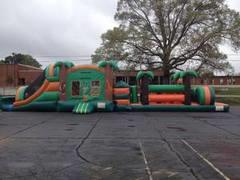 Tropical Dual Slide & Splash, 13ft x 13ft Jumper w/ inside basketball, & 26ft Obstacle Course WET Combo Tropical Dual Slide & Splash, 13ft x 13ft Jumper w/ inside basketball, & 26ft Obstacle Course WET Combo